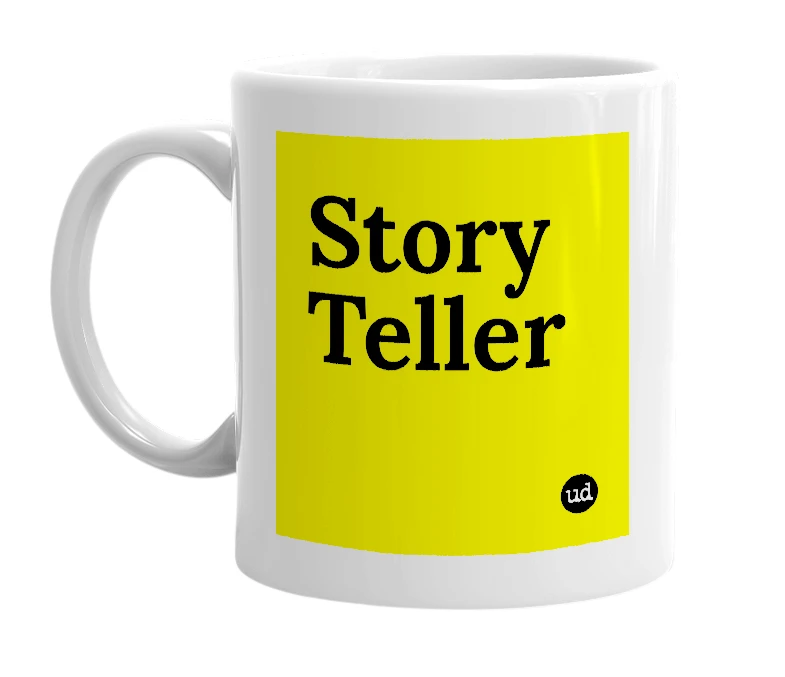 White mug with 'Story Teller' in bold black letters