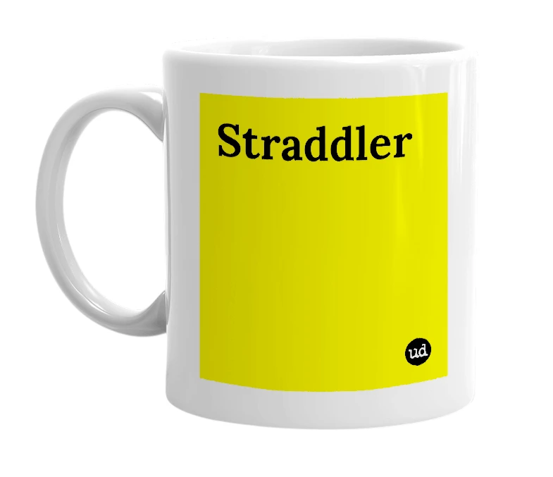 White mug with 'Straddler' in bold black letters