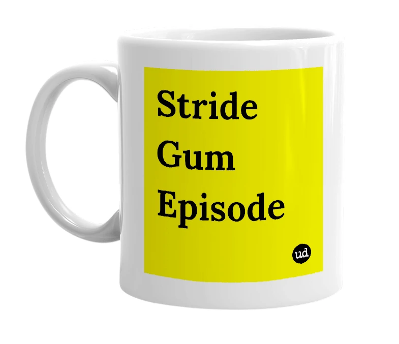 White mug with 'Stride Gum Episode' in bold black letters
