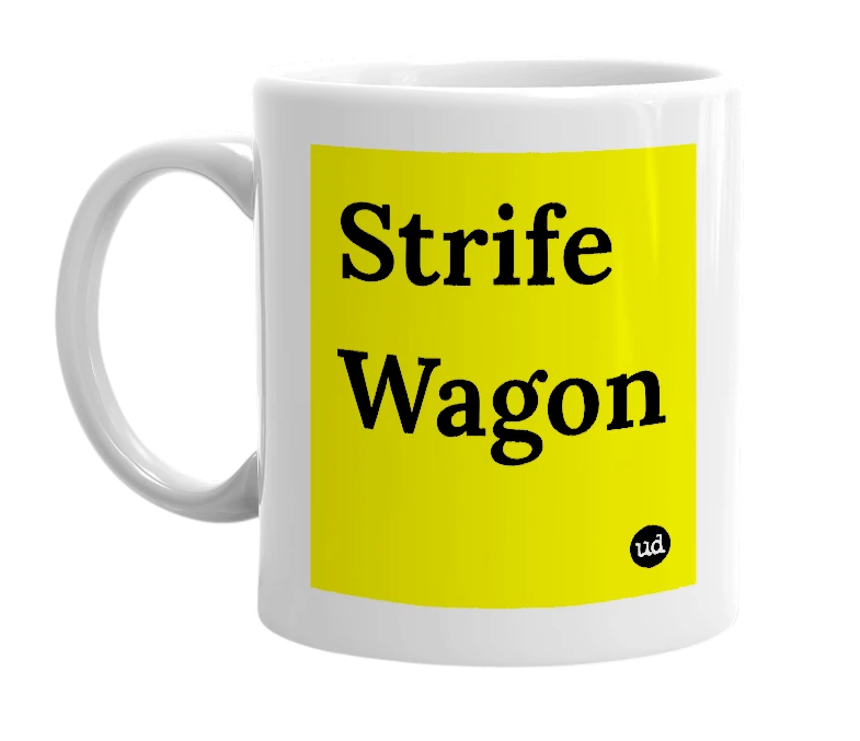 White mug with 'Strife Wagon' in bold black letters