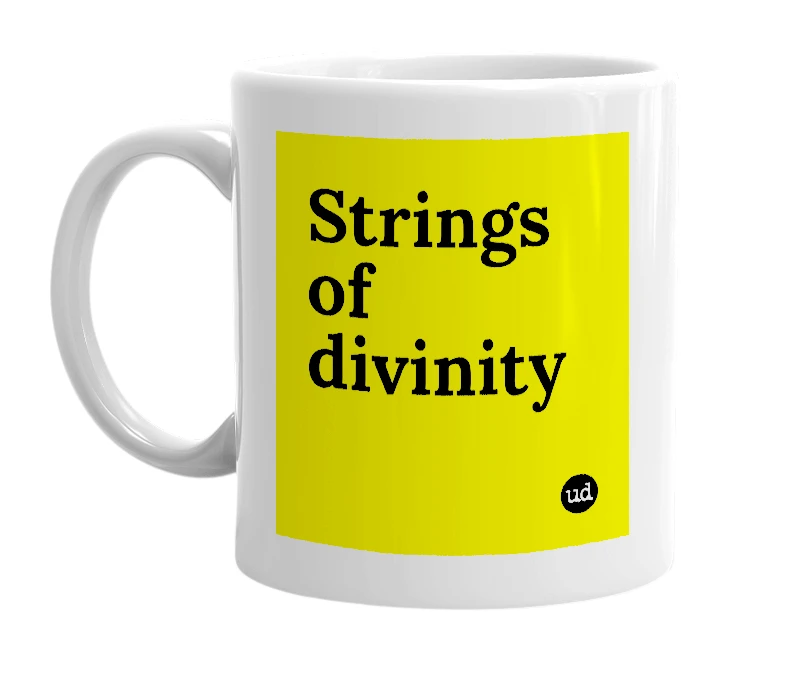 White mug with 'Strings of divinity' in bold black letters