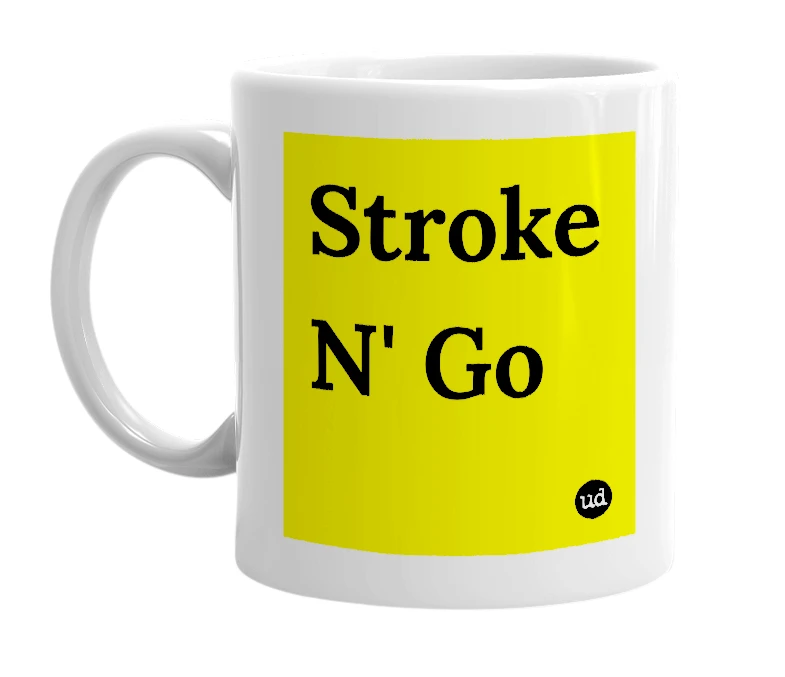 White mug with 'Stroke N' Go' in bold black letters