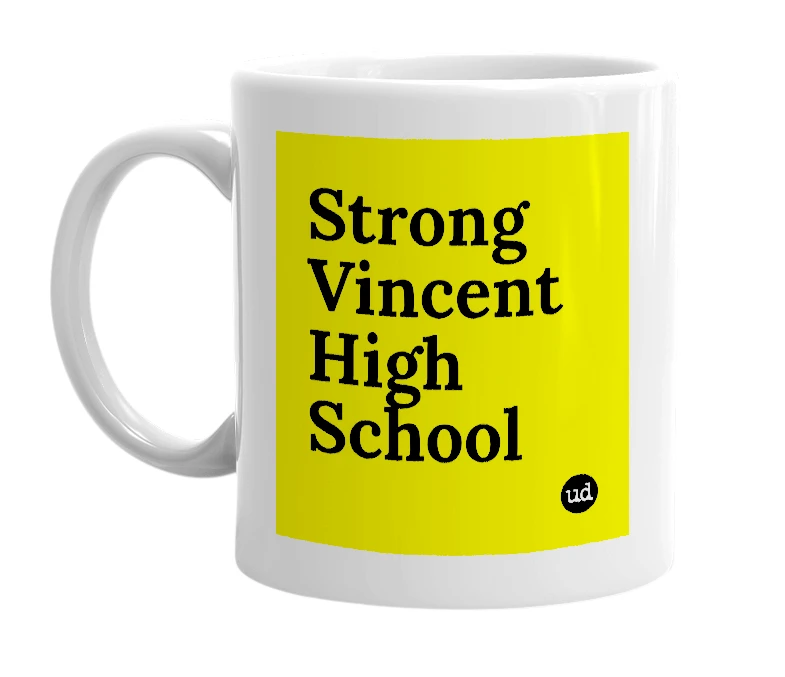 White mug with 'Strong Vincent High School' in bold black letters