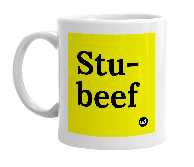 White mug with 'Stu-beef' in bold black letters