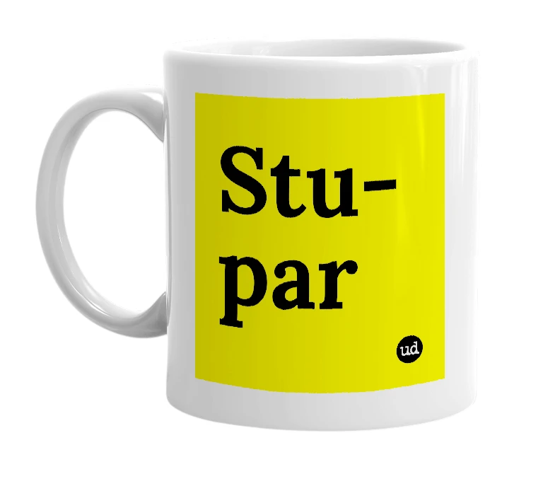 White mug with 'Stu-par' in bold black letters