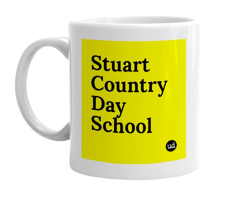 White mug with 'Stuart Country Day School' in bold black letters