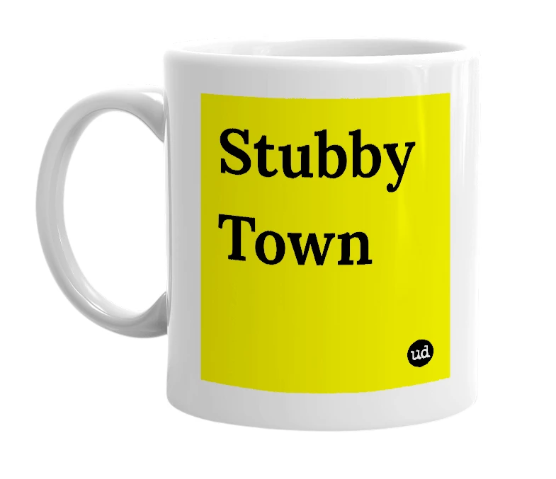 White mug with 'Stubby Town' in bold black letters