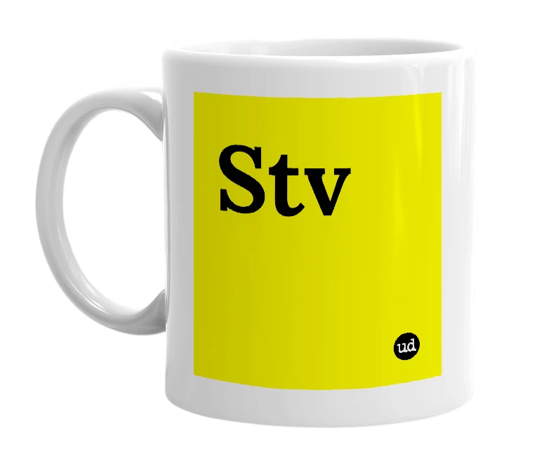 White mug with 'Stv' in bold black letters
