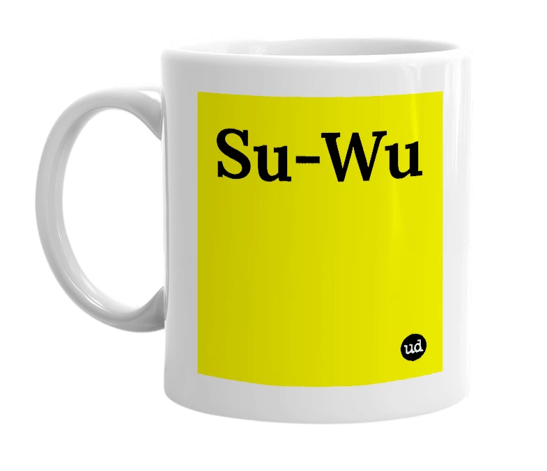 White mug with 'Su-Wu' in bold black letters