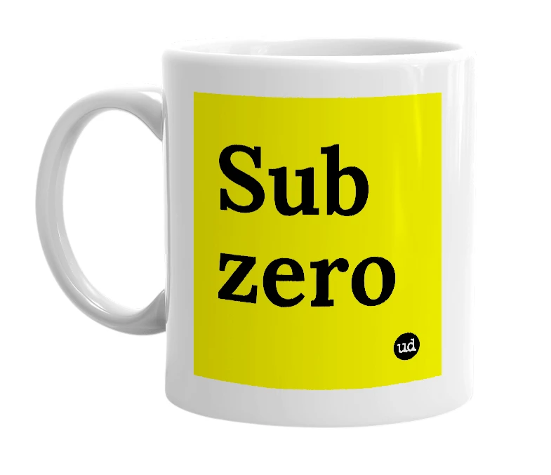 White mug with 'Sub zero' in bold black letters