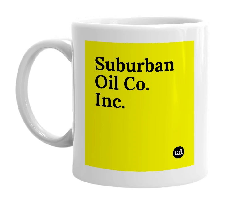 White mug with 'Suburban Oil Co. Inc.' in bold black letters