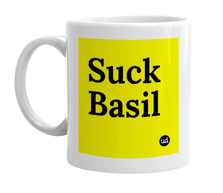 White mug with 'Suck Basil' in bold black letters