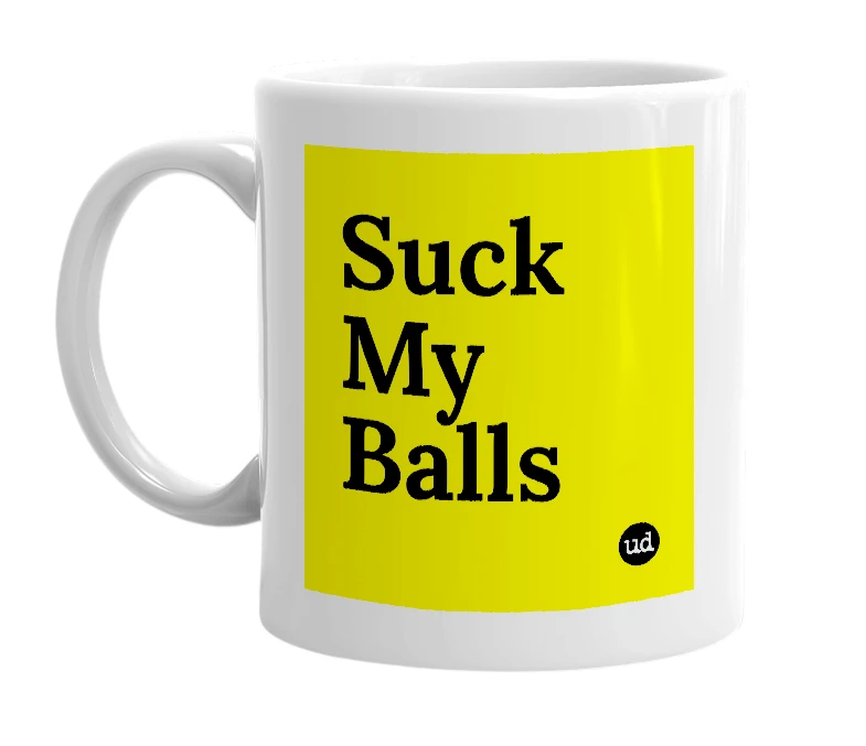 White mug with 'Suck My Balls' in bold black letters