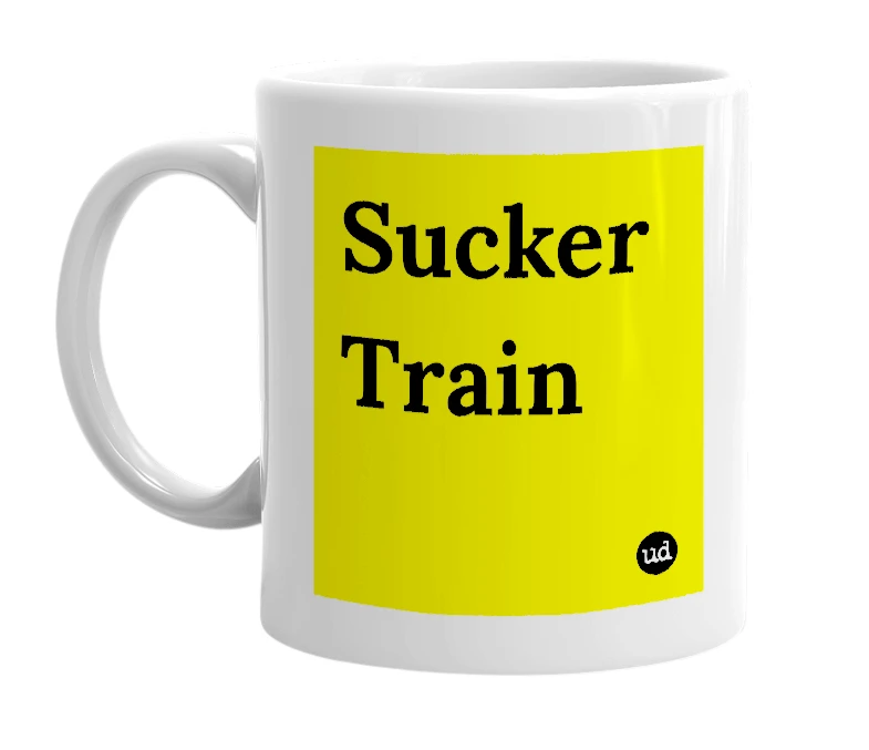 White mug with 'Sucker Train' in bold black letters
