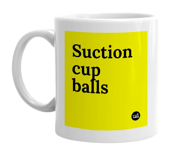 White mug with 'Suction cup balls' in bold black letters