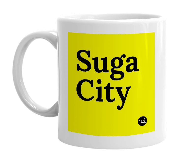 White mug with 'Suga City' in bold black letters