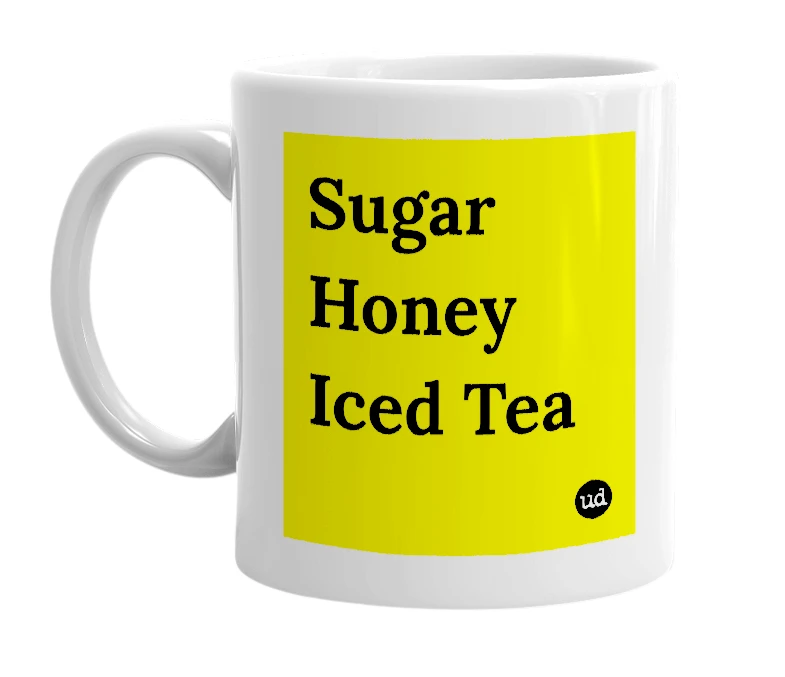 White mug with 'Sugar Honey Iced Tea' in bold black letters