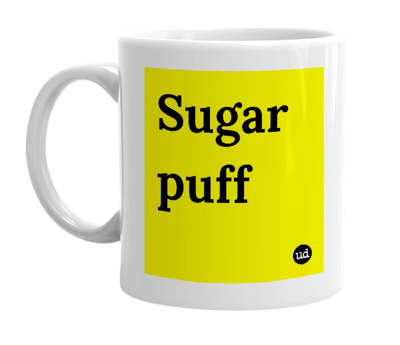 White mug with 'Sugar puff' in bold black letters