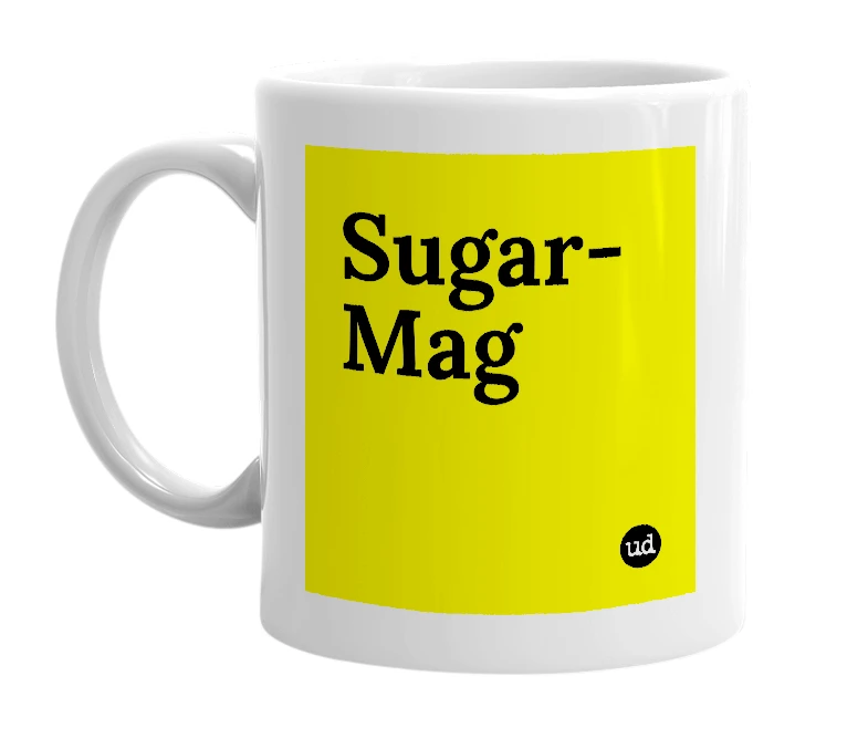 White mug with 'Sugar-Mag' in bold black letters