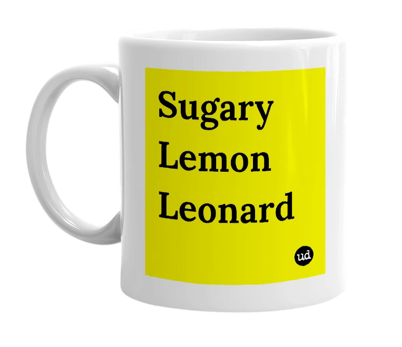 White mug with 'Sugary Lemon Leonard' in bold black letters