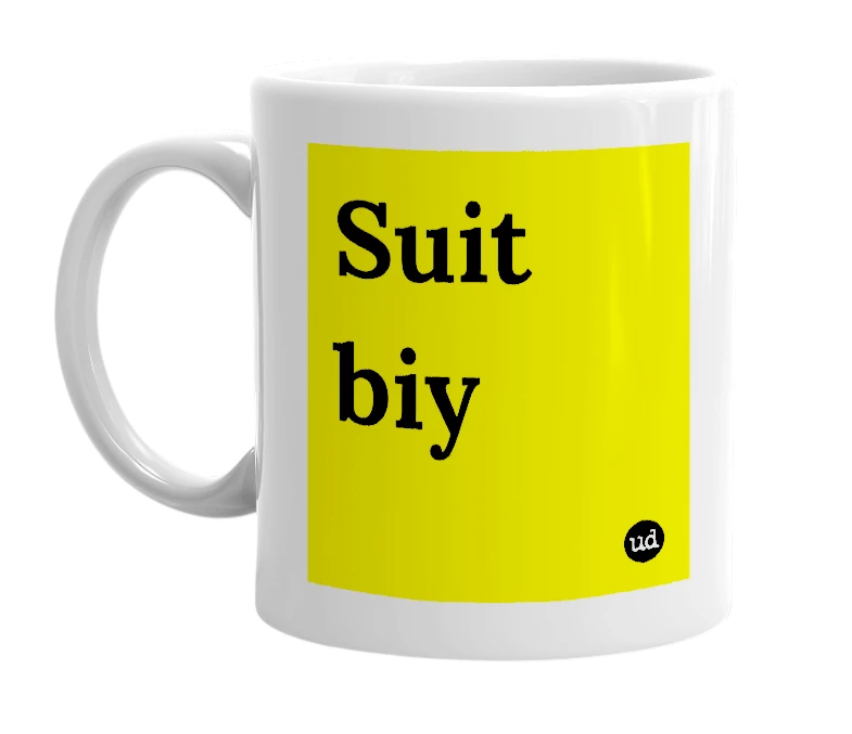 White mug with 'Suit biy' in bold black letters