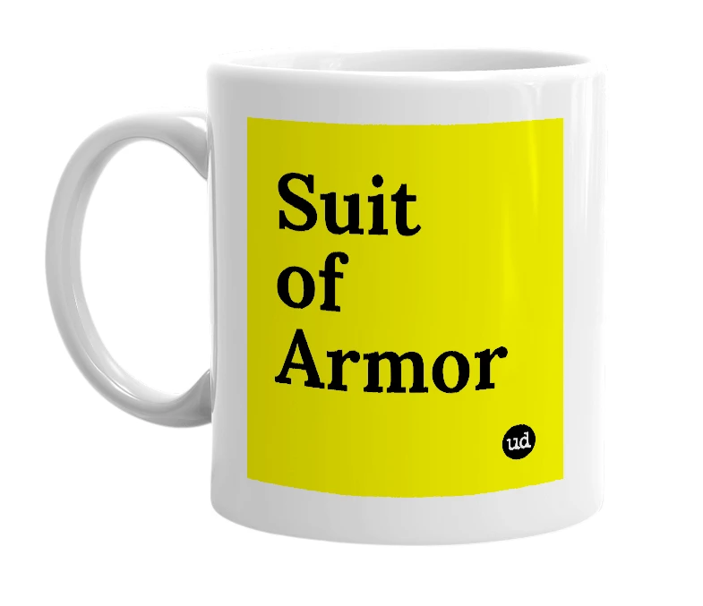 White mug with 'Suit of Armor' in bold black letters