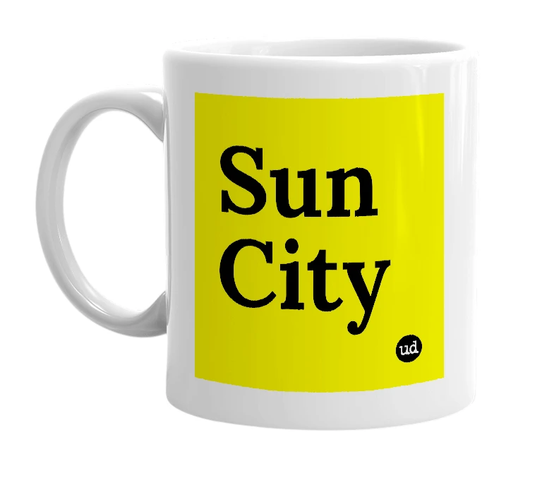 White mug with 'Sun City' in bold black letters