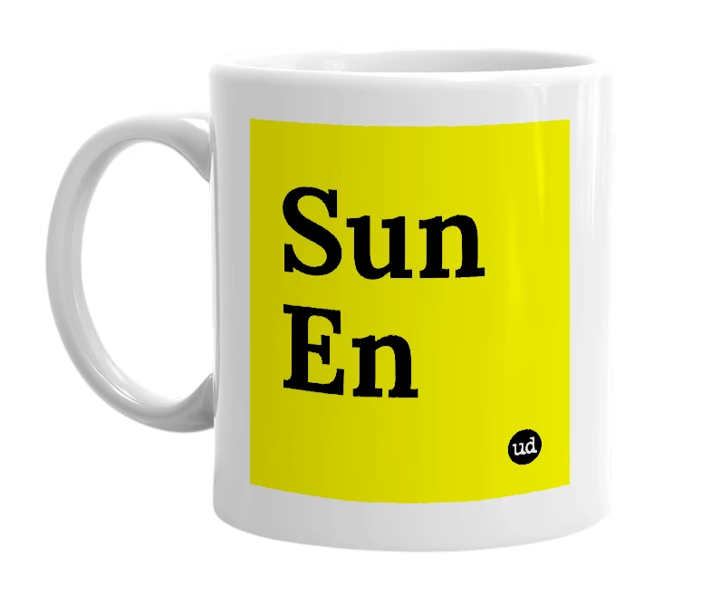White mug with 'Sun En' in bold black letters