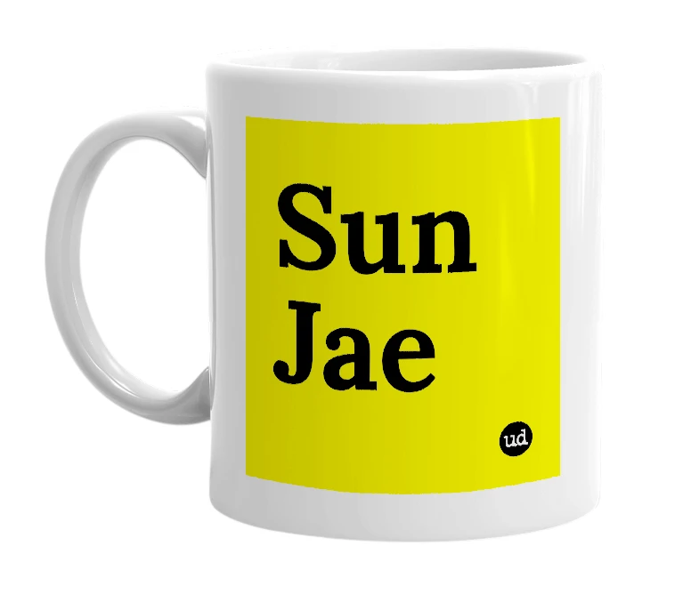 White mug with 'Sun Jae' in bold black letters