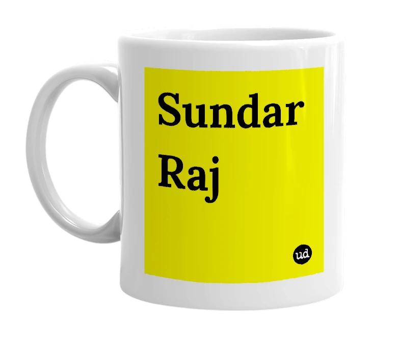 White mug with 'Sundar Raj' in bold black letters