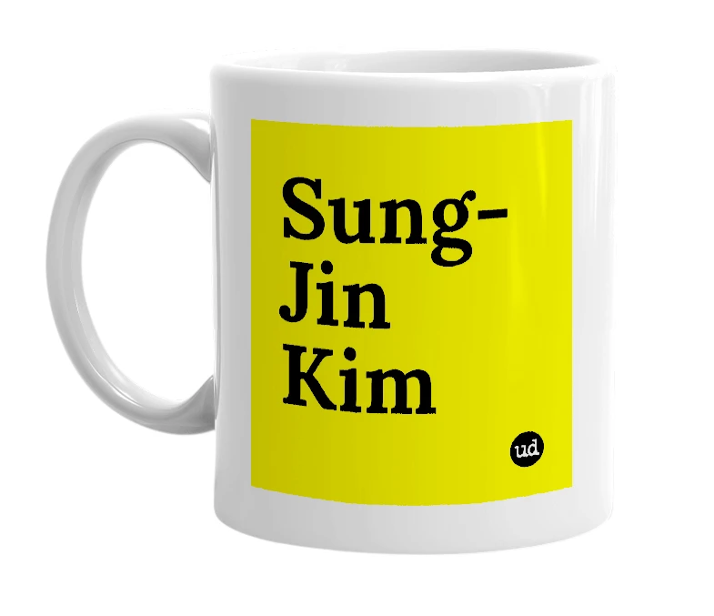 White mug with 'Sung-Jin Kim' in bold black letters