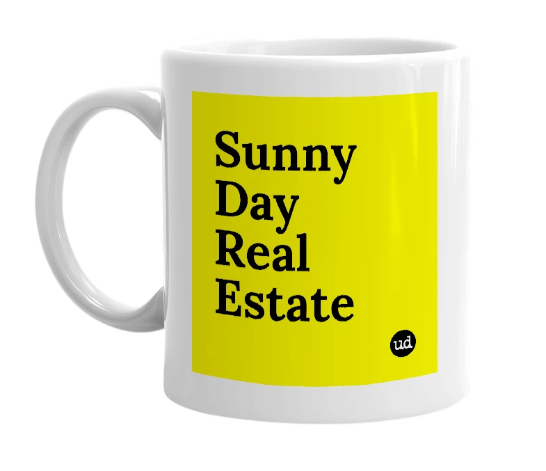 White mug with 'Sunny Day Real Estate' in bold black letters