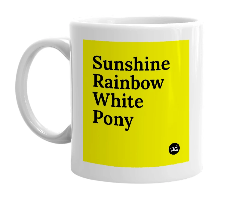 White mug with 'Sunshine Rainbow White Pony' in bold black letters