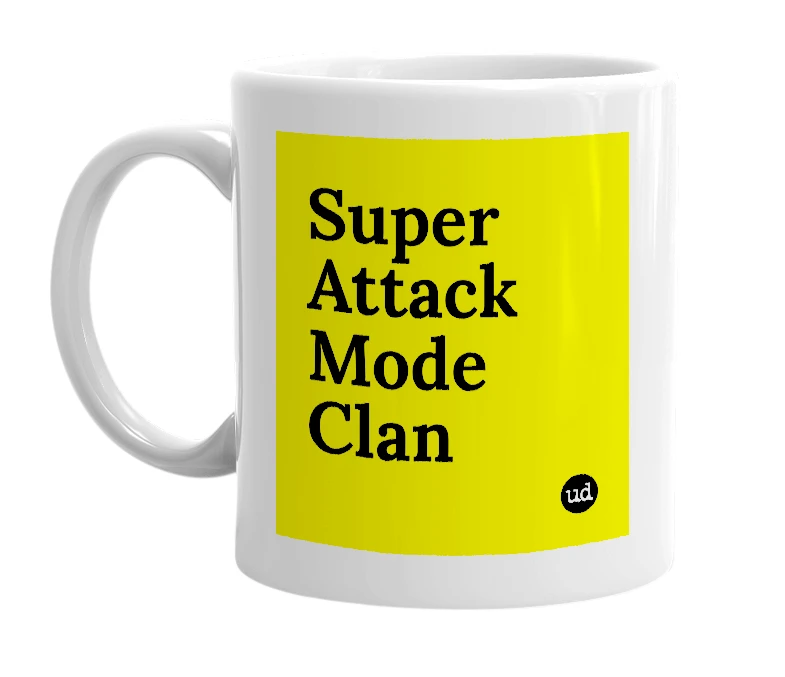 White mug with 'Super Attack Mode Clan' in bold black letters