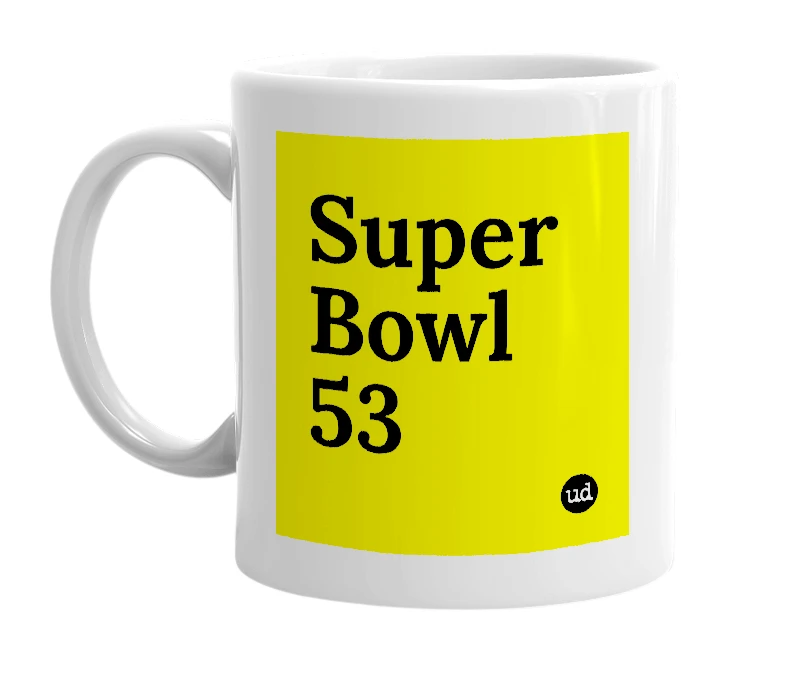 White mug with 'Super Bowl 53' in bold black letters