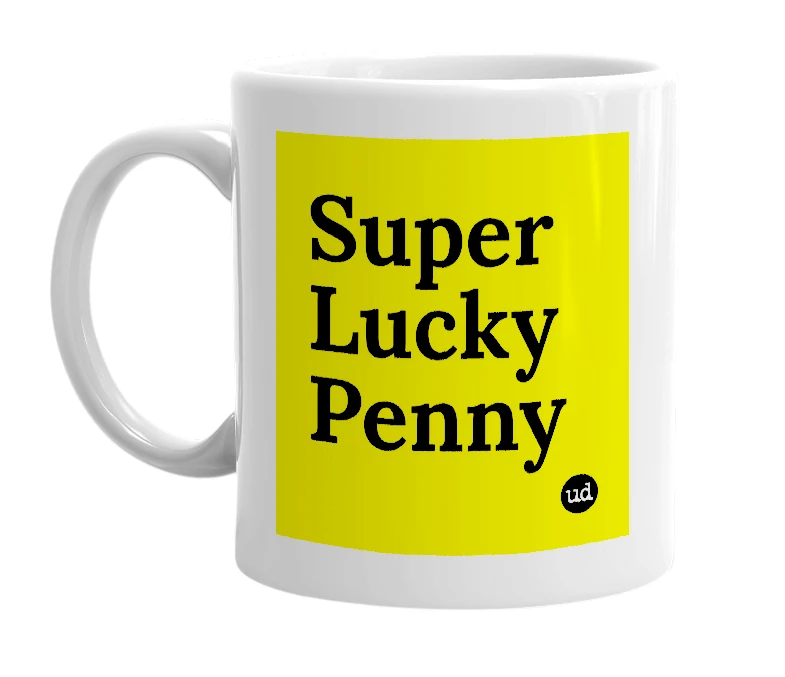 White mug with 'Super Lucky Penny' in bold black letters