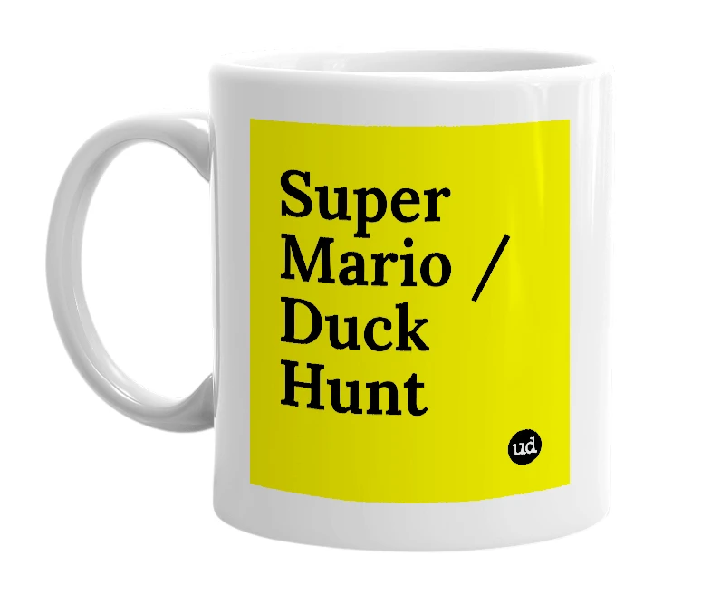 White mug with 'Super Mario / Duck Hunt' in bold black letters