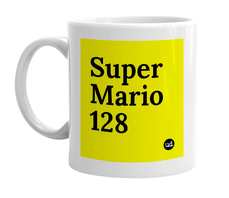White mug with 'Super Mario 128' in bold black letters