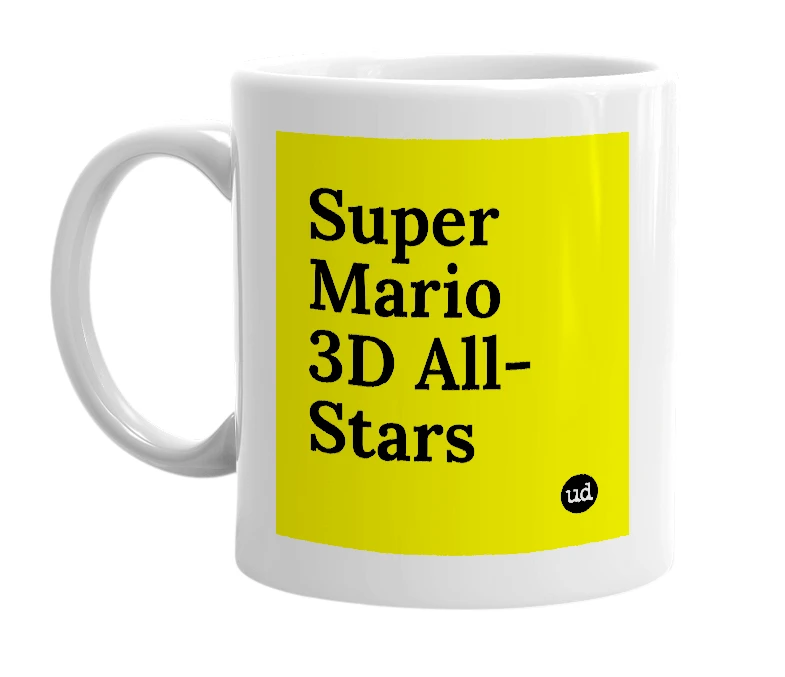 White mug with 'Super Mario 3D All-Stars' in bold black letters
