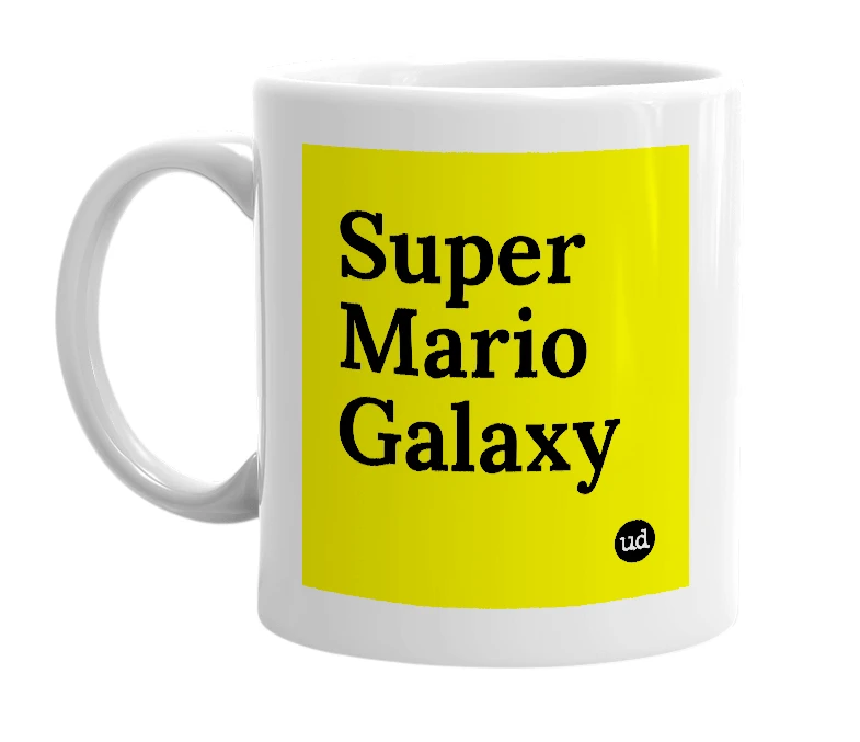 White mug with 'Super Mario Galaxy' in bold black letters