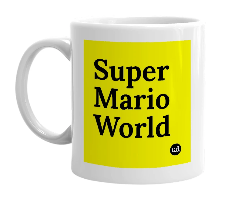 White mug with 'Super Mario World' in bold black letters