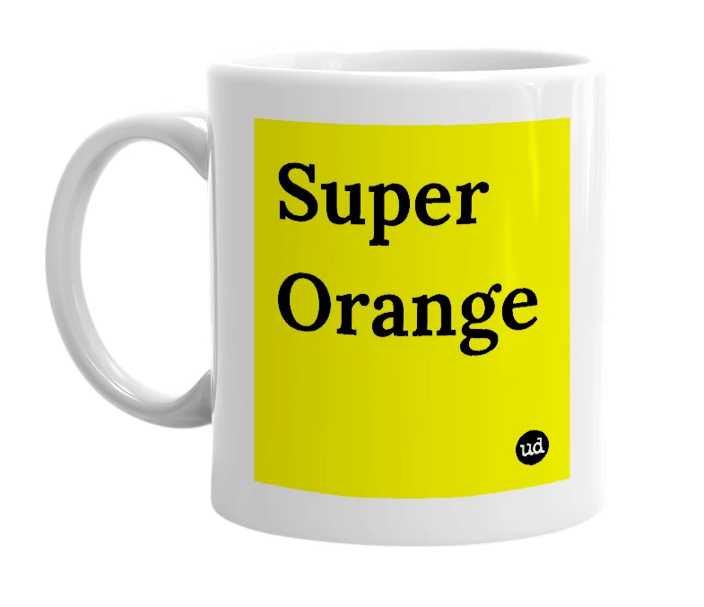 White mug with 'Super Orange' in bold black letters