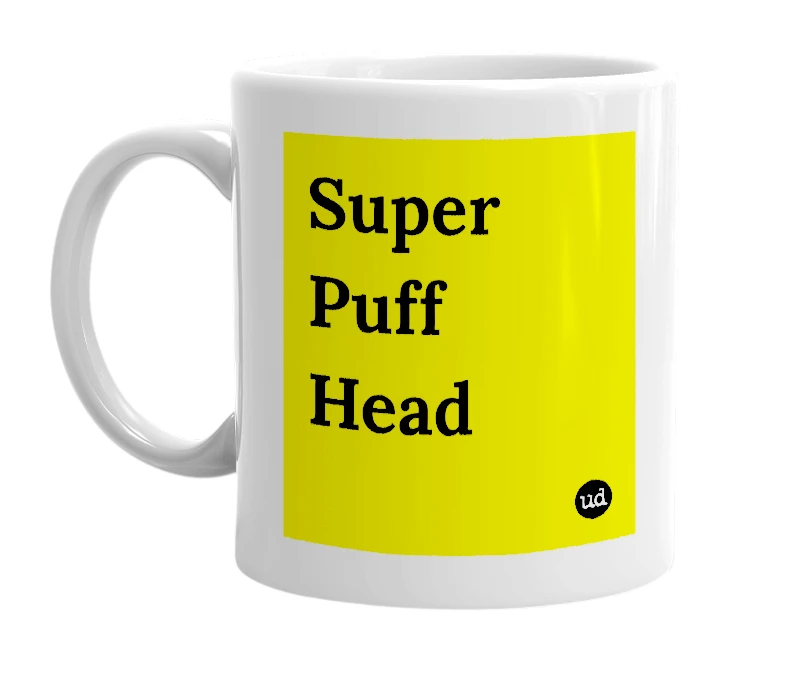 White mug with 'Super Puff Head' in bold black letters