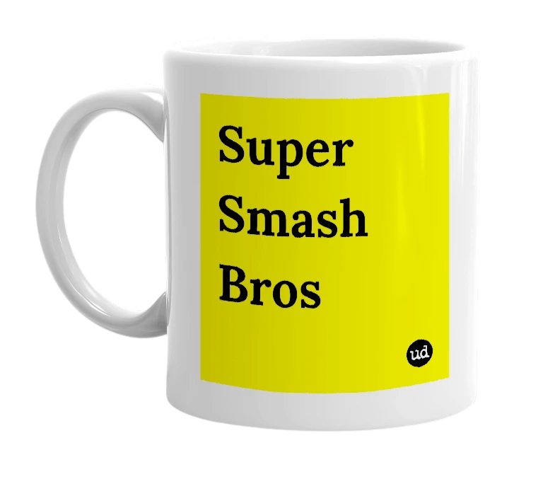 White mug with 'Super Smash Bros' in bold black letters