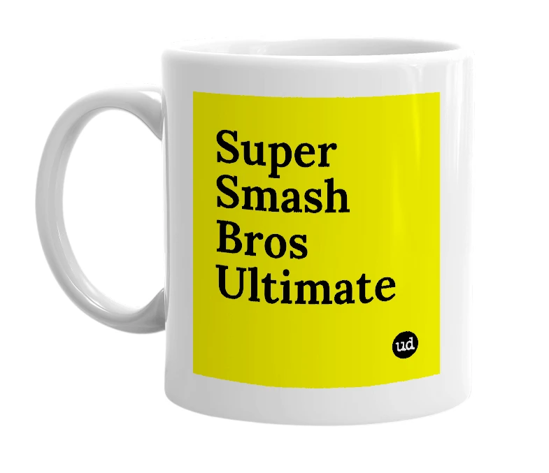 White mug with 'Super Smash Bros Ultimate' in bold black letters