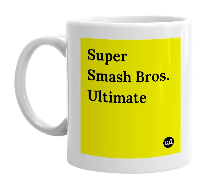 White mug with 'Super Smash Bros. Ultimate' in bold black letters