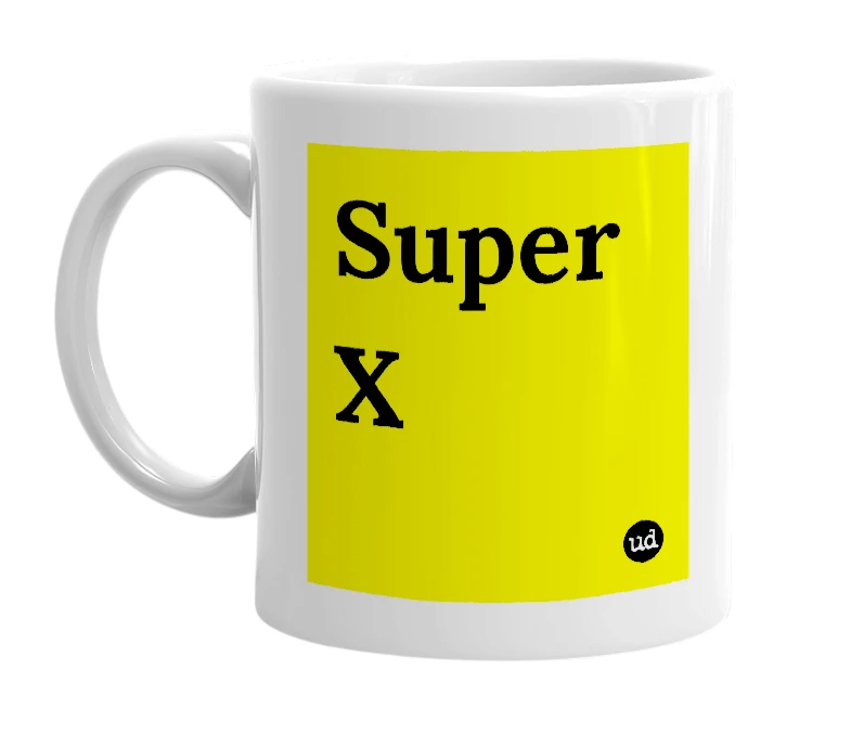 White mug with 'Super X' in bold black letters