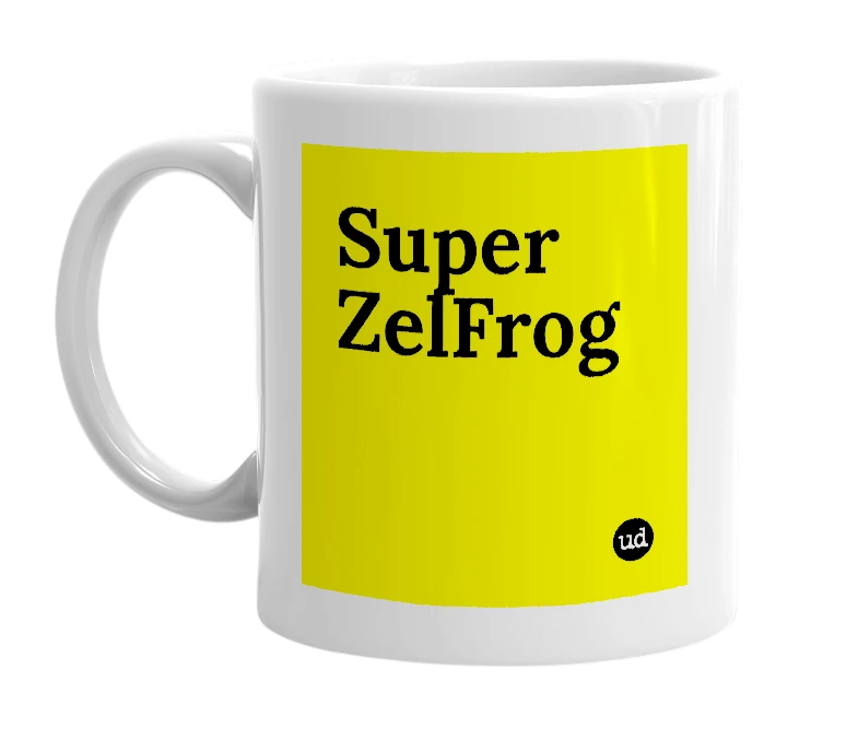 White mug with 'Super ZelFrog' in bold black letters