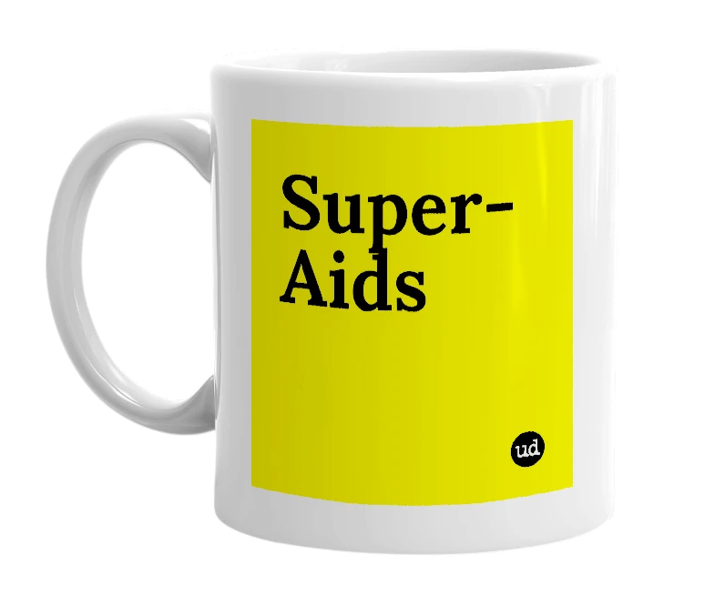 White mug with 'Super-Aids' in bold black letters