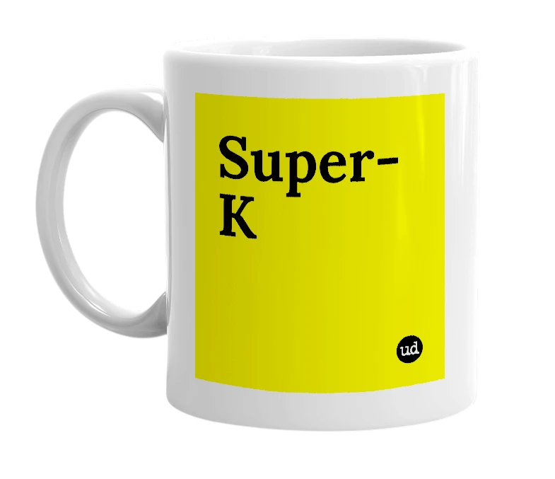 White mug with 'Super-K' in bold black letters